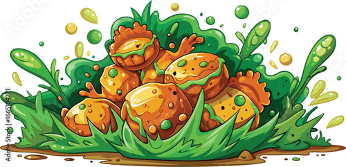 Pile of round cookies with green glaze and leaves icing sweet