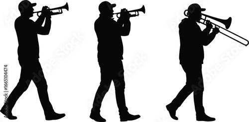 Silhouettes of marching musicians playing trumpets and trombone in street parade, walking in casual clothing, vector illustration for music event design
