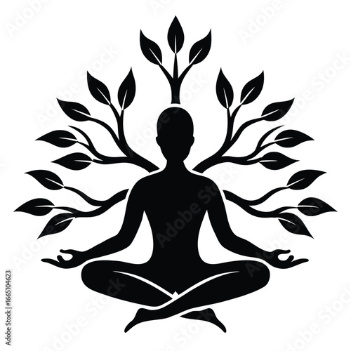 Silhouetted Figure in Lotus Position Surrounded by Tree Branches and Leaves, Yoga Symbol