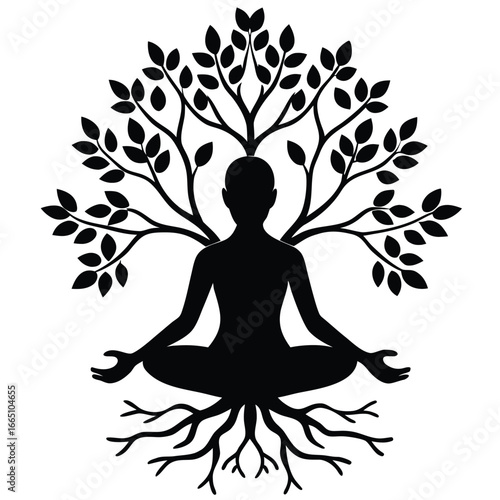 Silhouette Yoga Meditation Tree of Life Root Chakra, Mindfulness, and Spiritual Symbolism