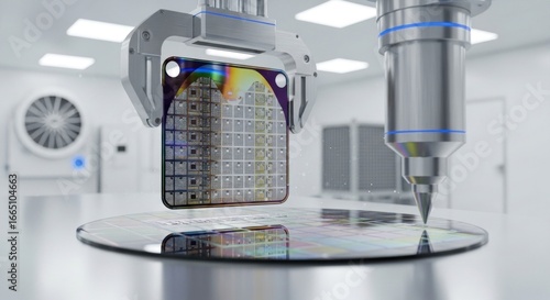 Precision Robotics Handling an Iridescent Silicon Wafer in a Sterile Cleanroom.