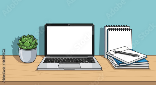Hand drawn illustration of a modern workspace setup.