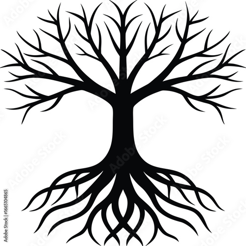 Stark Black Tree Silhouette with Bare Branches and Intertwined Roots on White