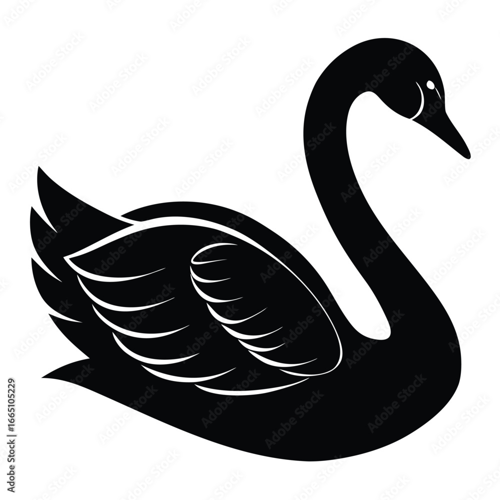 Obraz premium Striking Black Swan Silhouette on White Background, Elegant Bird with Graceful Curves