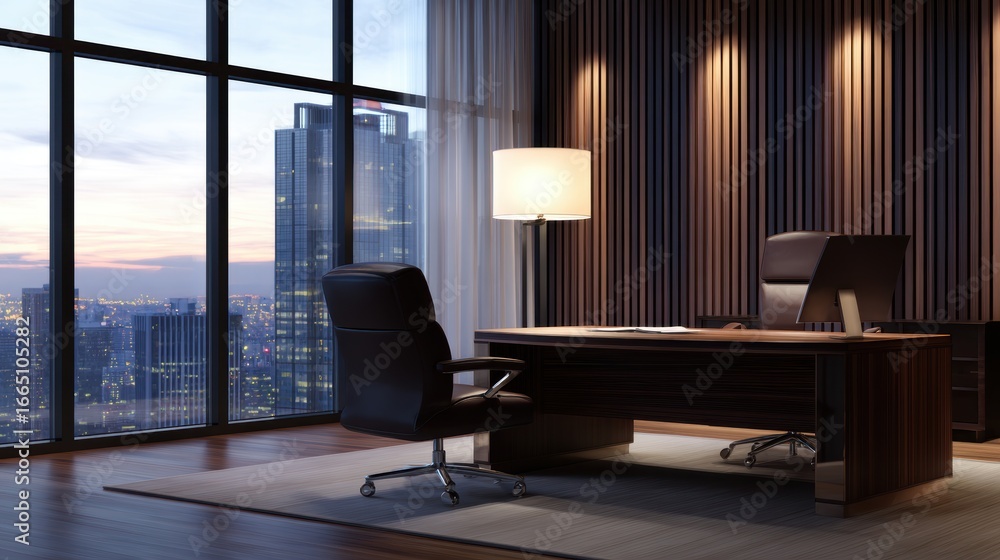 Fototapeta premium Modern office interior with a sleek desk, leather chair, and city skyline at dusk, showcasing tranquility