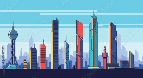 Illustrative depiction of a modern city skyline with various skyscrapers.