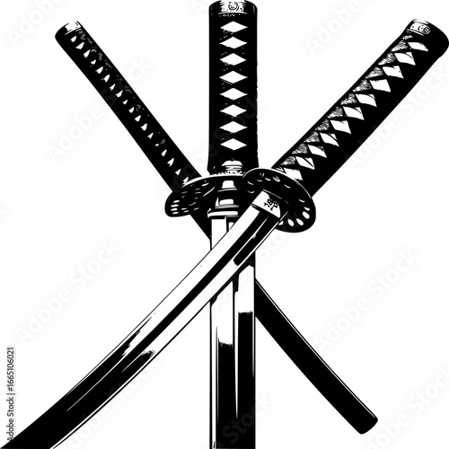 Shadowy Katana Blades Intertwined: A striking monochrome composition featuring three gleaming katana blades, symbolizing strength, precision, and the ancient art of swordsmanship.