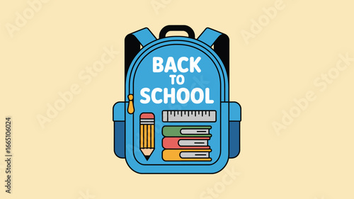 A cartoon style blue backpack with back to school text and school supplies on a tan background