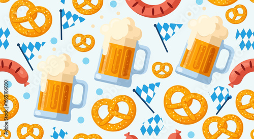 Oktoberfest Celebration with Beer Mugs, Pretzels, and Festive Decorations.