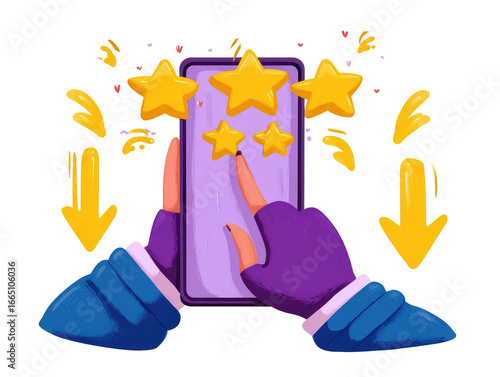Smartphone with glowing five-star rating, user interaction.  Hands holding a phone, surrounded by positive and negative feedback icons