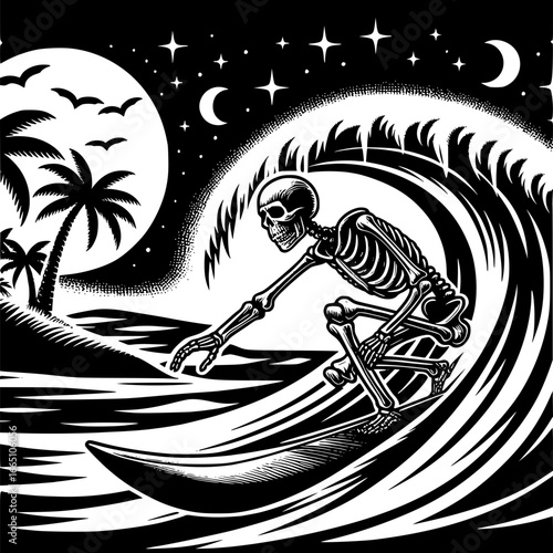 Riding the Night Wave: A skeletal surfer carves through a moonlit wave under a starry sky, set against a stark contrast of black and white, blending themes of life and afterlife.