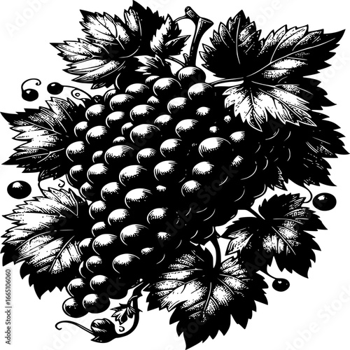 The Grape Vine in Artistic Depiction: An elegant black and white illustration of a bountiful grape vine, showcasing the beauty of nature's offering.