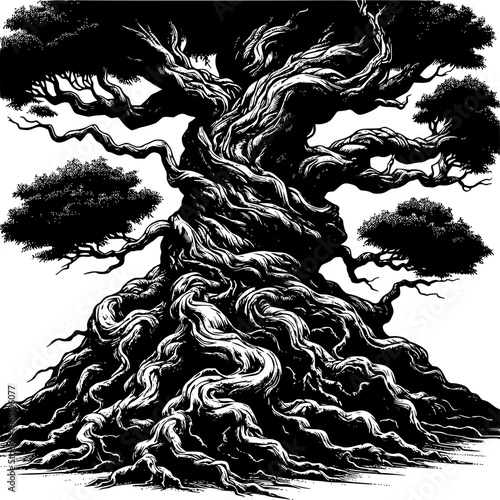 Ancient Tree: A close-up of a majestic, gnarled, and ancient tree in black and white. Its textured bark and twisting branches tell a story of resilience, longevity, and enduring strength.