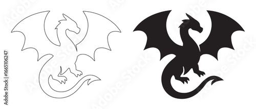 Dragon Silhouette and Outline. Fantasy Vector Icon Set.