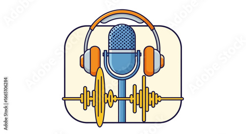 Podcast Recording Equipment with Microphone Headphones and Sound Wave Illustration.