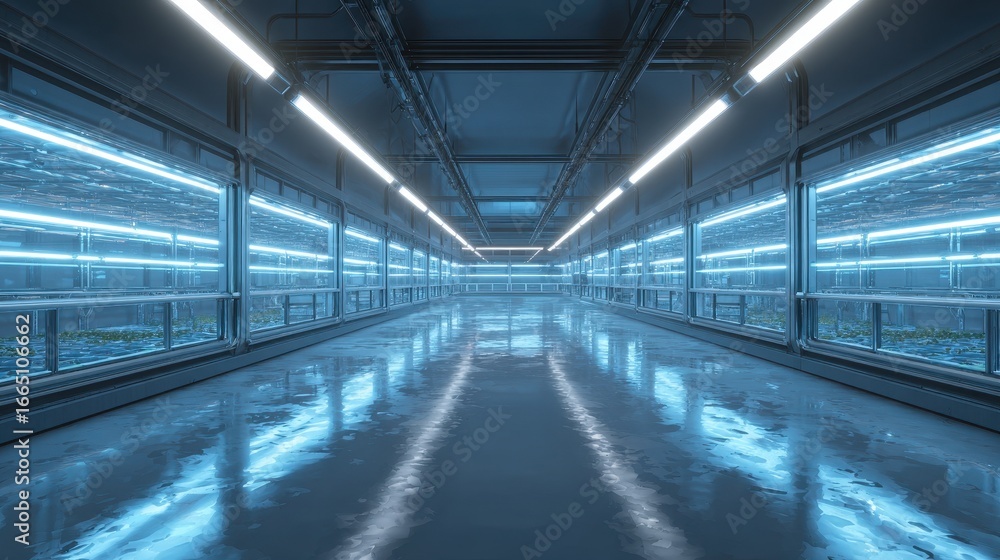 Fototapeta premium Indoor farm plants grow on shelves under electric lights, futuristic background