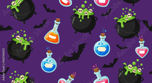 Seamless Halloween Pattern with Witch Cauldrons and Magic Potions.