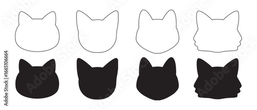 Set of Cat Head Silhouettes. Black and Outline Pet Icons for Cute, Minimalist Design Projects.