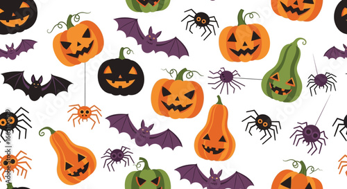 Spooky Halloween Pattern with Jack O Lanterns Bats and Spiders.