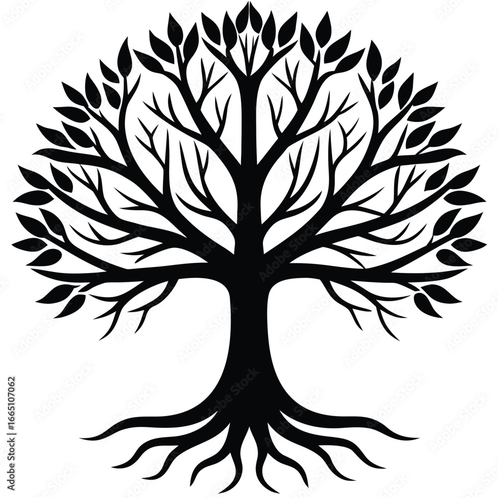 Obraz premium Tree of Life Illustration Black Silhouette Against White Background with Roots and Leaves