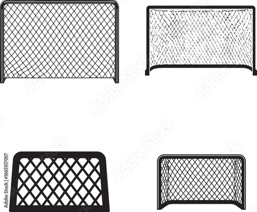 A simple vector illustration of a hockey goal in the front view, featuring a diamond pattern, flat design, white background, and a minimalistic style using only black color.eps