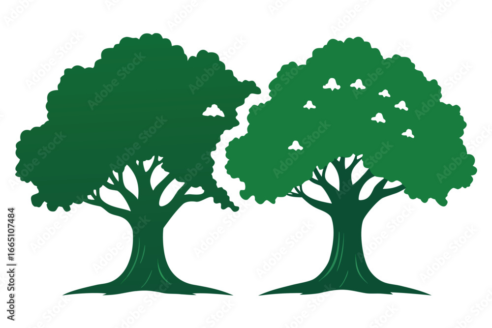 Obraz premium Two Green Tree Silhouettes with Distinct Leaf Patterns on a White Background Element