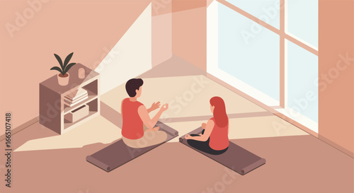 Couple meditating indoor with light from a window on yoga mats at home
