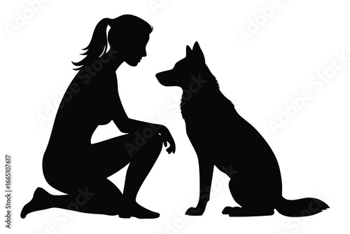 Woman and Dog Silhouette Girl Kneeling Down Looking at Sitting Shepherd Pet Companion