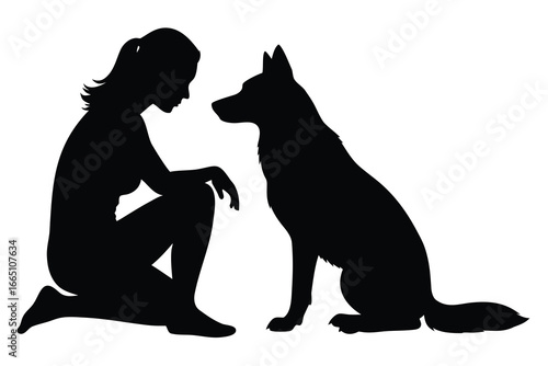 Woman and Dog Silhouette Affectionate Gaze, Bonding Moment, Canine Companion, Friendship Art
