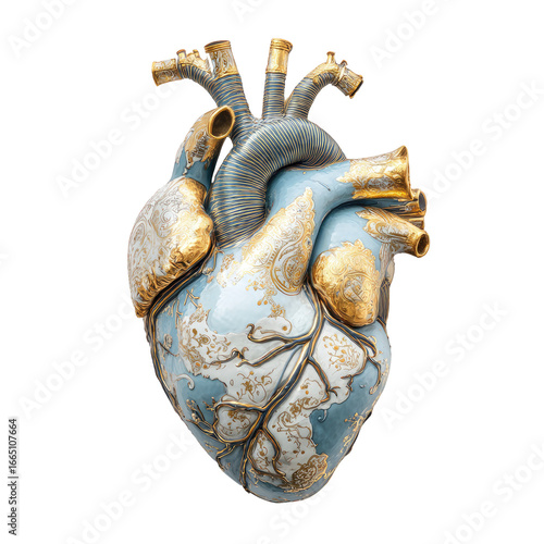Wallpaper Mural Ornate, detailed, ceramic heart.  A light-blue heart, adorned with gold detailing.  Intricate, decorative patterns and veins are visible.  Realistic anatomical form Torontodigital.ca