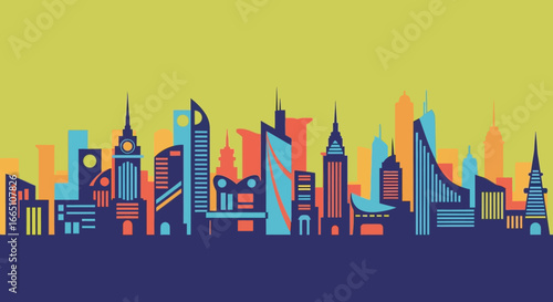 Vibrant Modern City Skyline Illustration.