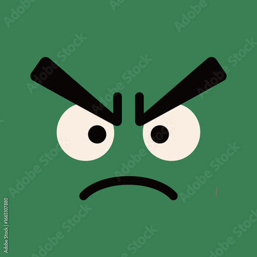 A vibrant green-colored face icon with an angry, frowning expression and furrowed eyebrows, ideal for depicting strong emotions.