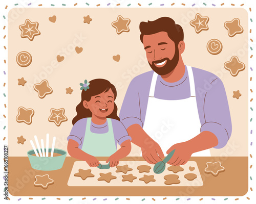 A joyful father and his happy daughter bond while enthusiastically baking homemade cookies