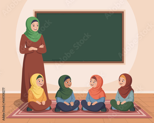 A dedicated Islamic teacher educating a group of young female students in a classroom