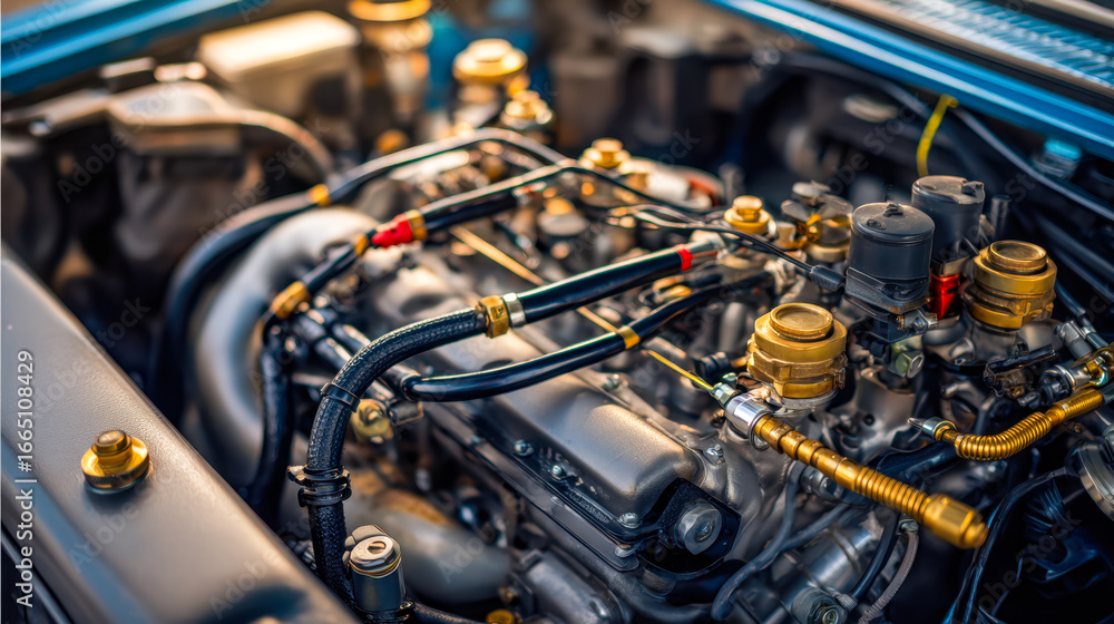 Fototapeta premium Close-up of a high-performance car engine with detailed components and vibrant metallic accents