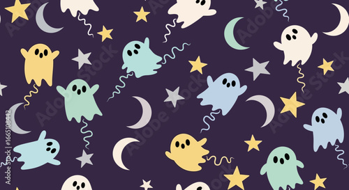 Whimsical Halloween Pattern with Ghosts, Stars, and Moons for Spooky Designs.