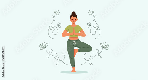 Young woman practicing yoga in the tree pose illustration.