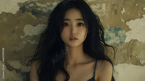 Beautiful Asian Woman Portrait Against Grungy Wall