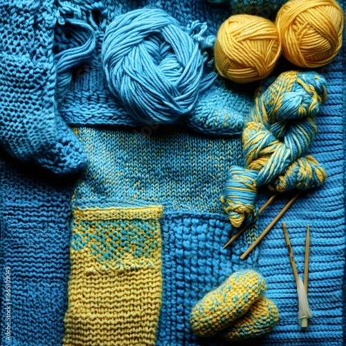 Vibrant Blue and Yellow Knitted Yarn and Fabric Texture