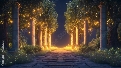 Magical Illuminated Garden Path at Night with Ancient Columns