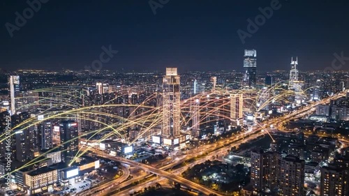 Wallpaper Mural Vibrant cityscape at night with streaking lights and connected networks Torontodigital.ca