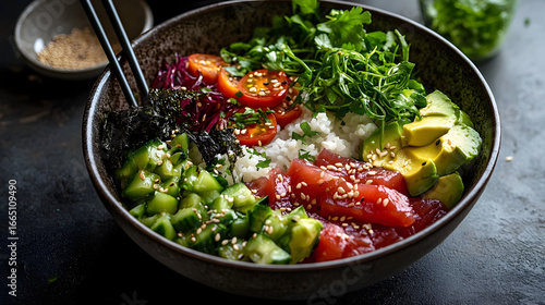 A vibrant poke bowl with tuna, rice, seaweed, and avocado, topped with sesame seeds.