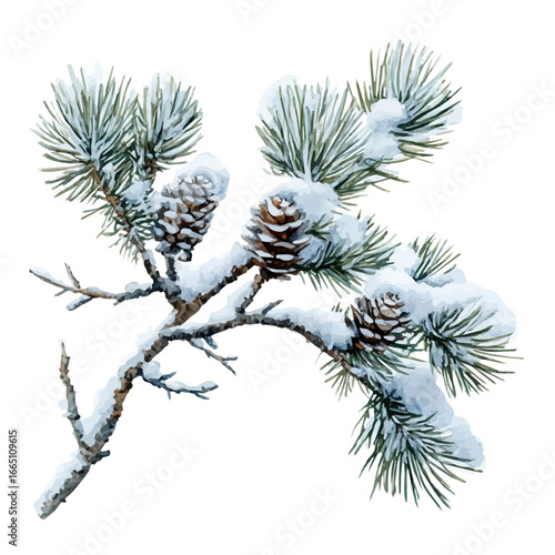 Frosty Pine Needles, watercolor painting vector, isolated on a white background.