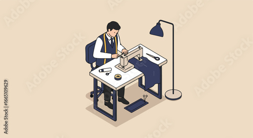 Man using Sewing machine at table, making clothes. Lamp in the background