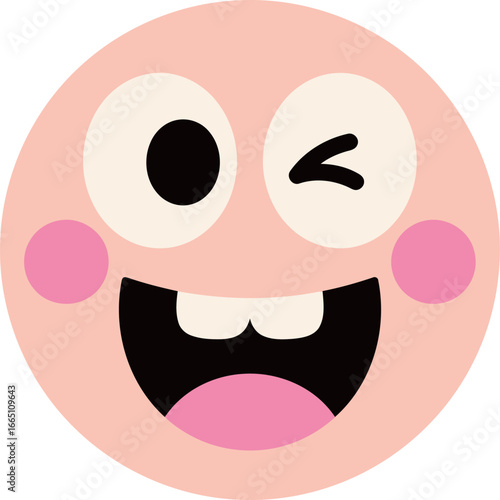 A cute and whimsical cartoon face icon with a happy winking expression and a big toothy grin, perfect for children's designs.