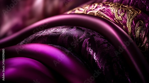Luxurious Purple Silk and Lace Fabric Drape, Elegant Textile Texture Background