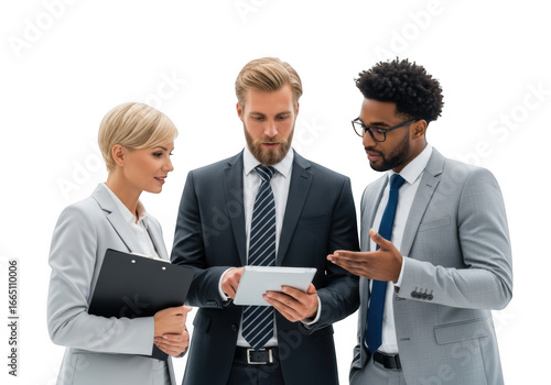 Three business professionals collaborating on a tablet isolated on transparent background