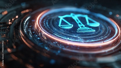 A futuristic digital courthouse icon with property law symbols, AIpowered legal verification, hightech holographic details, neon cyber glow, hyperdetailed, 8K ultraHD.