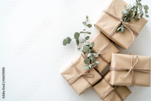 Minimalist festive background with rustic gifts and eucalyptus. Simple hygge design for greeting cards, templates, and cozy seasonal projects.