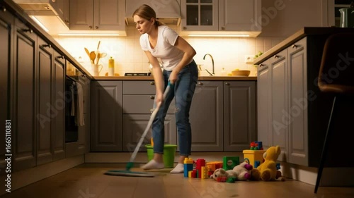 Exhausted Woman Mopping Kitchen Floor Surrounded by Toys